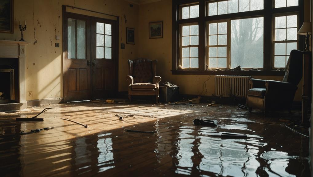 Severe water damage in a living room with standing water covering wooden floors, scattered debris, and moisture-related wall wearβillustrating the urgency of professional toilet overflow cleanup and flood restoration services.